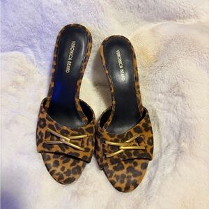 Veronica Beard Brown Leopard Mules with Gold Accent